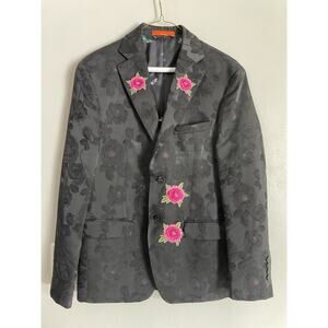 Tallia Slim Sport Coat Floral Jacquard Jacket Tiger Embroidered Patches Size 36S